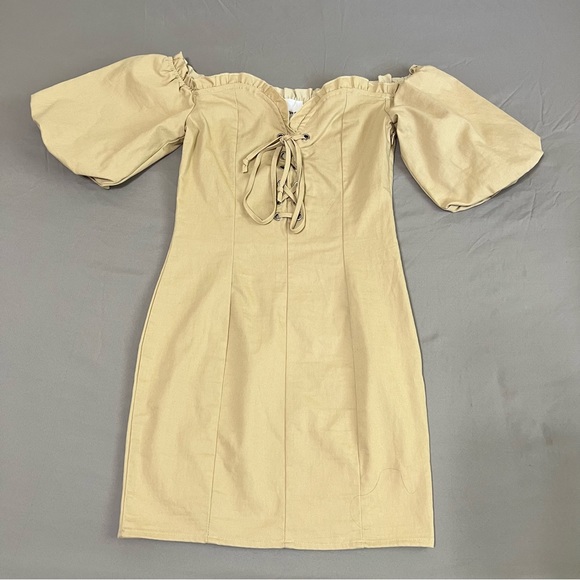 Better Be beige cream Puff Sleeve lace up mini Dress size S - Picture 2 of 15